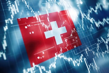 The Swiss flag overlaying financial graphs, illustrating Switzerland's stable and robust financial market.