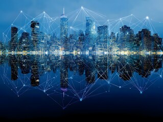 Futuristic Cityscape Reflection Illuminated Skyline at Night