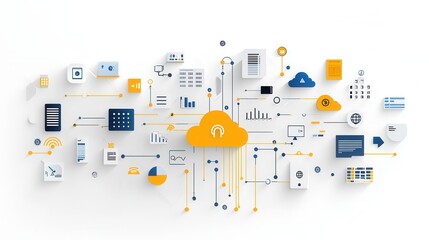 Dynamic flat depicting a comprehensive cloud computing and digital technology ecosystem featuring various interconnected elements and solutions for modern business and digital transformation