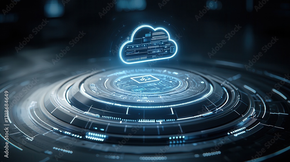 Poster futuristic 3d rendered showcasing a digital cloud computing and networking platform with various dat