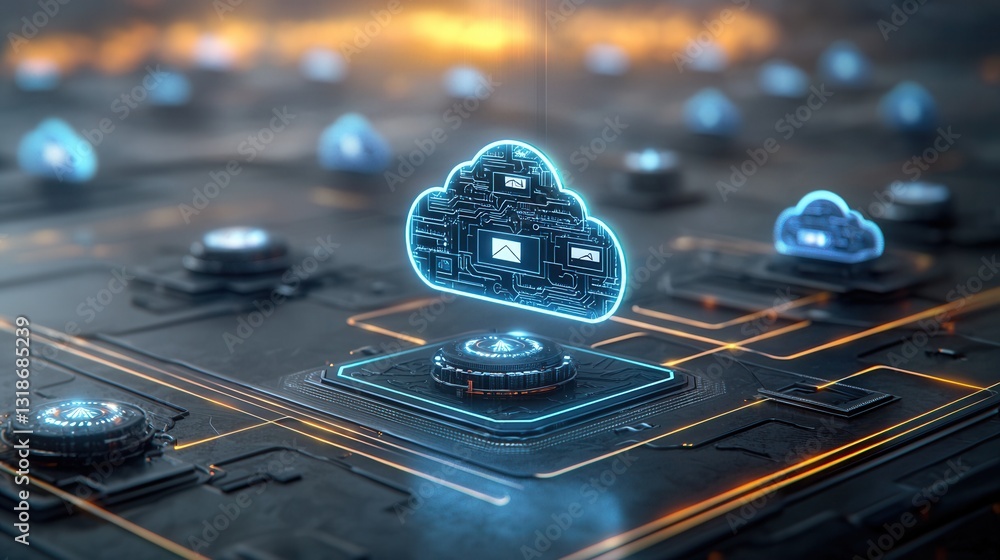Poster futuristic digital depicting a glowing cloud network server interface showcasing the concept of mode