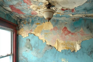 Water damage shown through peeling paint and stains on a ceiling, underscoring the need for timely maintenance and repair.