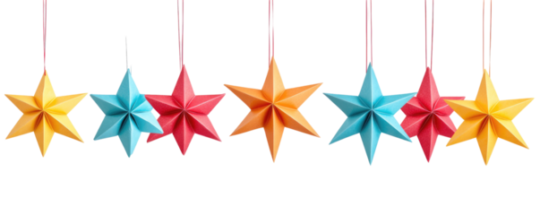 Colorful decorative paper stars on transparent background
