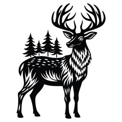 Deer Silhouette Vector, Elegant Wildlife Illustration in Black on a White Background