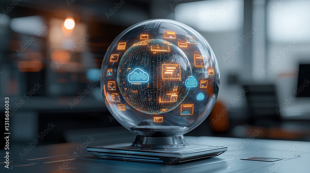 Poster a futuristic high tech crystal ball with a transparent digital interface showcasing a glowing data v