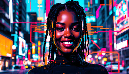 Digitally Empowered African American Female Programmer Coding on Futuristic Holographic Display
