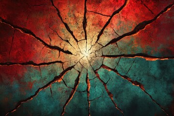 A vibrant abstract image depicting a cracked surface with a radiant center, showcasing a blend of red, teal, and orange hues.