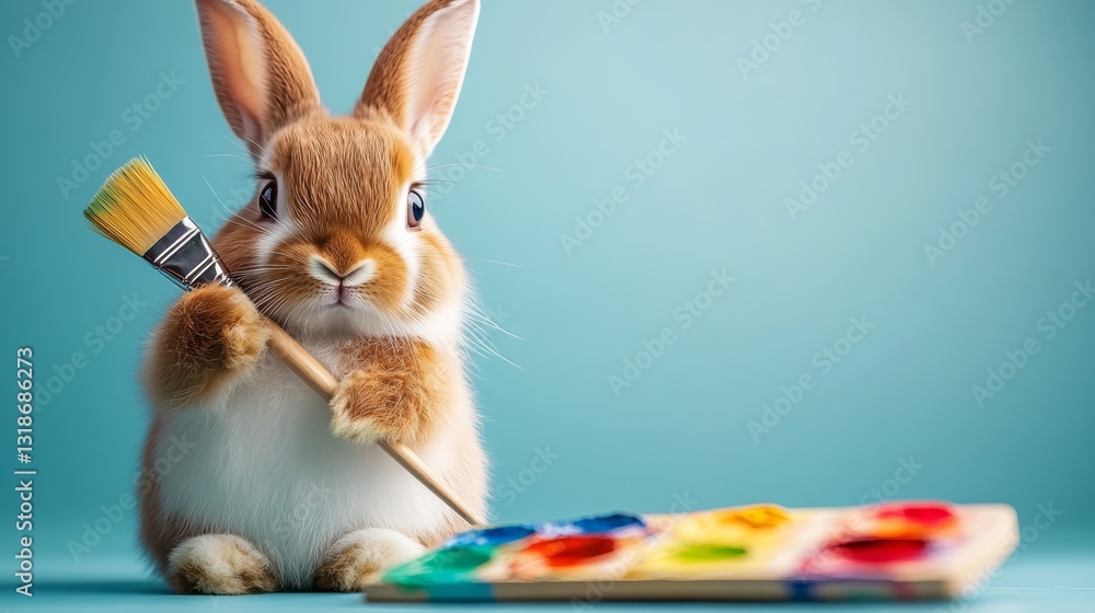 Aufkleber rabbit holding a paintbrush and standing in front of a palette of paint. the rabbit is curious and p