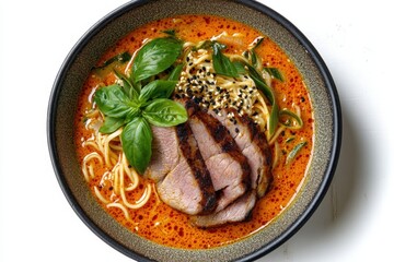 Bowl of ramen A vibrant bowl of spicy ramen topped with grilled meat and fresh basil.