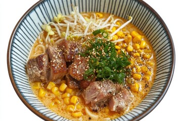 Bowl of ramen Delicious bowl of ramen topped with meat, corn, and herbs in a decorative bowl.