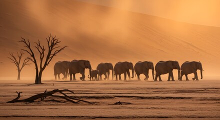 Obraz premium Herd of African Elephants Walking in the Namib Desert at Sunset