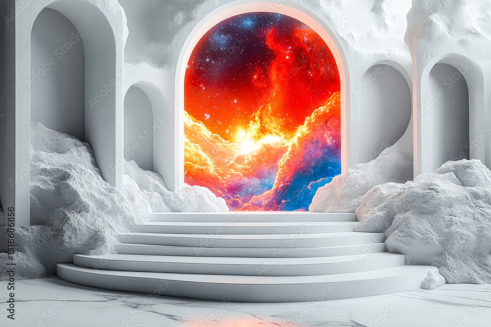Aufkleber white and red space with a large archway. the archway is surrounded by clouds and stars. the scene i