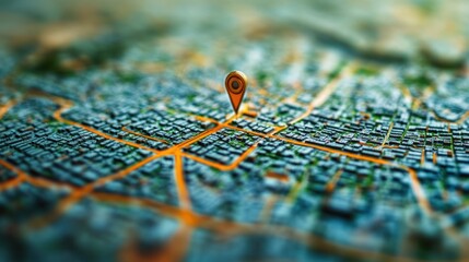 Close-up of a city map with a location marker pin.