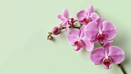 Beautiful pink orchids blooming on a delicate branch against a pastel green background