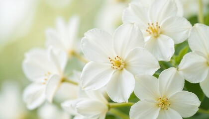 Obraz premium White flowers in full bloom with soft sunlight and a dreamy green background