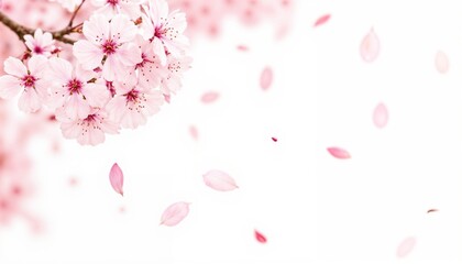 Cherry blossoms with falling petals on a white background for a soft floral scene