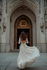 Bride in Ivory Gown before Ornate Building Entrance