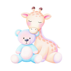 Fototapeta premium Birthday animal baby monthly Milestone concept, Cute giraffe and teddy bear cuddling together against a transparent background.