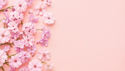 Cherry blossoms with scattered petals on soft pink background, romantic floral design.