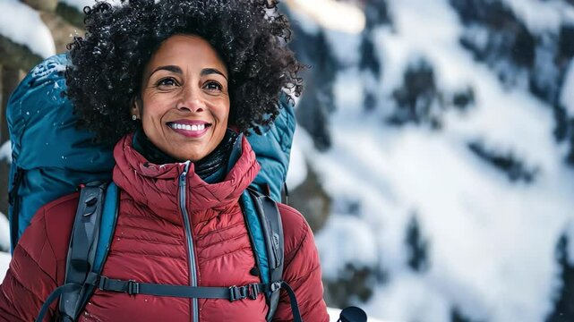 An active senior woman with natural black hair hiking through frozen landscapes 