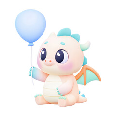 Obraz premium Birthday animal baby monthly Milestone concept, Cute cartoon dragon holding a balloon with a playful expression.