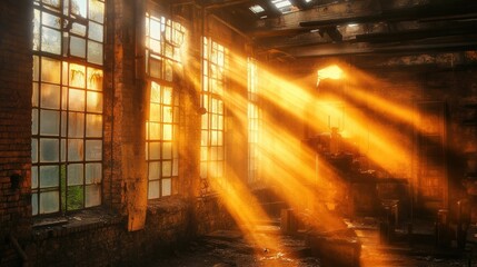 Sunlight streams through a large window, illuminating the interior of a dilapidated building.