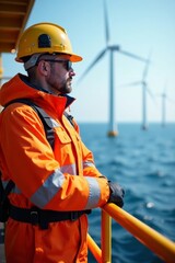Expert observer in safety gear surveys offshore wind turbines from elevated platform , wind energy monitoring, safety gear
