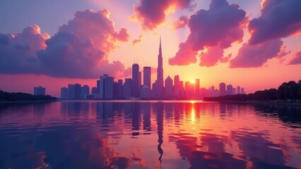 Naklejka premium Serene cityscape at sunset, reflecting vibrant hues of pink and orange on tranquil waters, showcasing a stunning skyline silhouette against a colorful sky