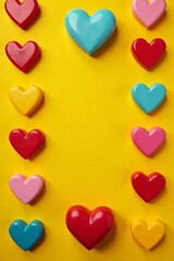 Obraz premium Flat lay of colorful heart badges on yellow background, happy emotions, rainbow