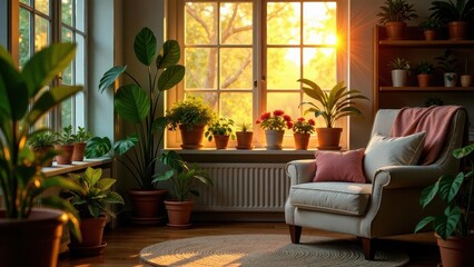 Serene Sunset Glow Illuminates Cozy Living Room with Abundant Houseplants and Comfortable Armchair