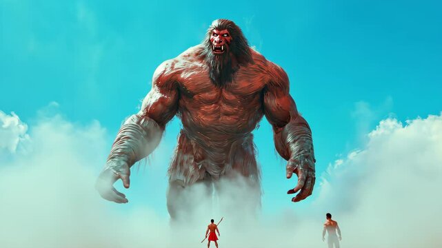 Young Warrior Facing Giant Mythical Creature in Surreal Dreamscape; Conceptual Art of David and Goliath with Dreamlike Clouds; Exploring Courage, Strength, and Mystery in Vast Landscape