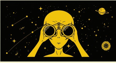 Alien stargazer with binoculars in cosmic space art