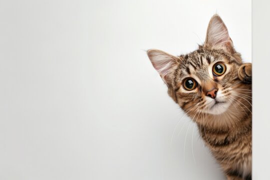 Surprised cat peeking out from around the corner on white background