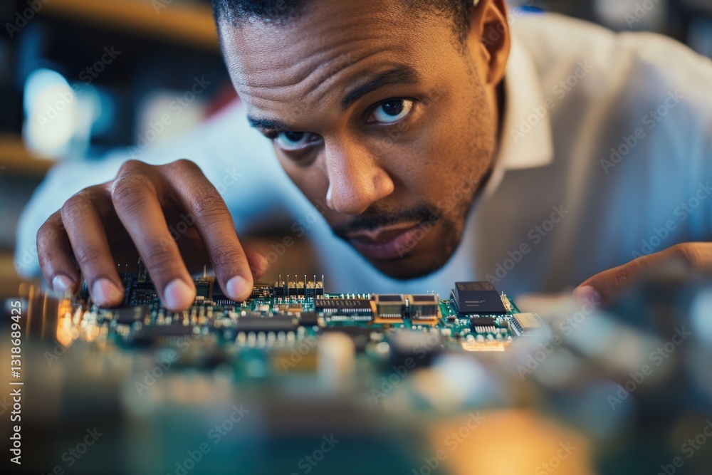 Poster focused engineer meticulously inspecting and examining a circuit board's intricate components.