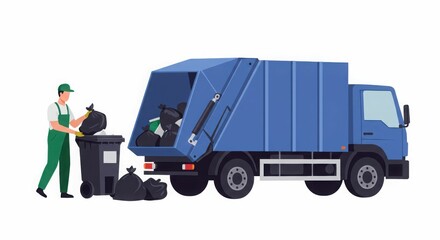 Caucasian male sanitation worker collecting garbage with blue truck on white background