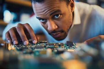 Focused engineer meticulously inspecting and examining a circuit board's intricate components.