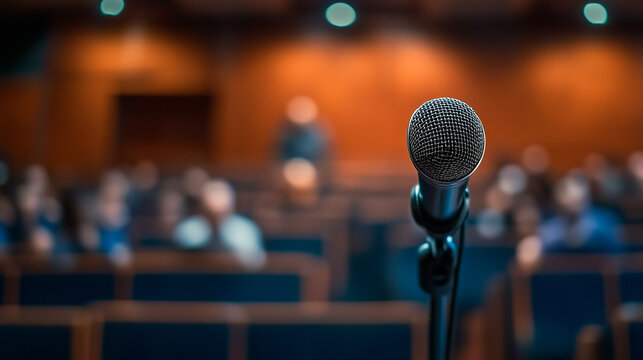 Microphone and Blurred Auditorium Audience