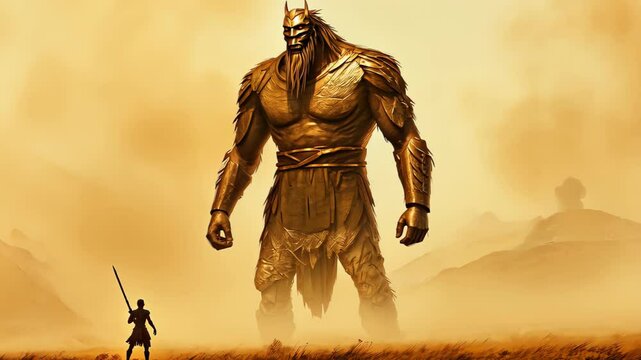 Young Warrior Facing Giant in Misty Landscape Digital Painting of David and Goliath Scene with Warm Tones and Dramatic Lighting Perfect for Fantasy and Mythology Themes in Stock Image Libraries