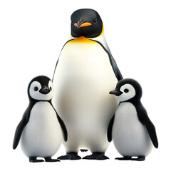 Obraz premium Three emperor penguins, one adult and two chicks, stand together to illustrate family concept isolated on a clean transparent background for