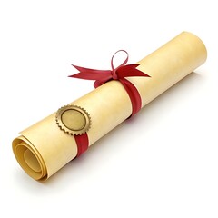 A Rolled Parchment Scroll Tied With A Rich Red Ribbon And Sealed With A Golden Emblem Signifying Achievement And Accomplishment Against A Clean White Background