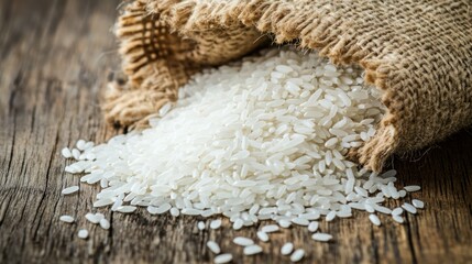 White rice spilling from burlap sack on wooden table (6)