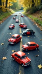 Miniature cars scattered on asphalt, crumpled wreckage, car destruction, toy cars