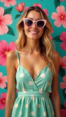 Polka dot sundress with cat-eye sunglasses in a floral background, sundress, vintage style