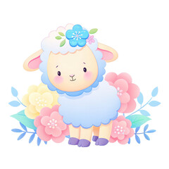 Naklejka premium Baby shower concept, Cute cartoon sheep surrounded by colorful flowers on a transparent background.