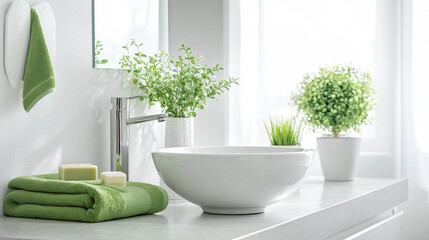 Fototapeta premium Stylish bathroom interior with vessel sink and mirror. white and green tones.