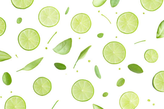Fresh lime slices and leaves pattern on transparent background - Powered by Adobe