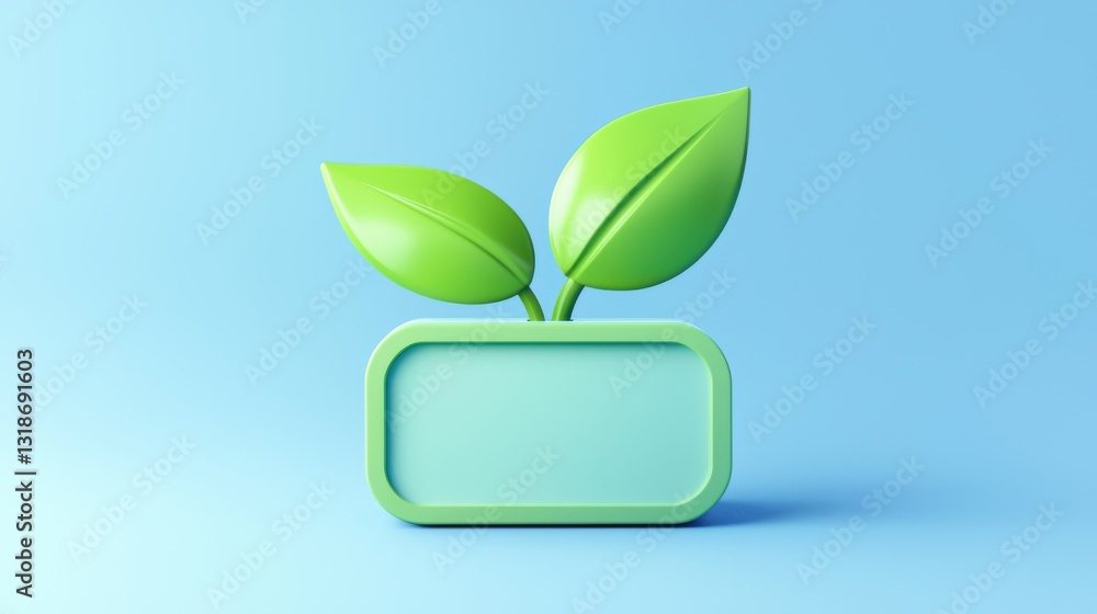 Poster minimalist 3d rendering of a digital wallet icon with green leaves on a soft blue background