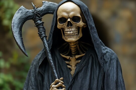 A dark figure of the grim reaper holding a scythe
