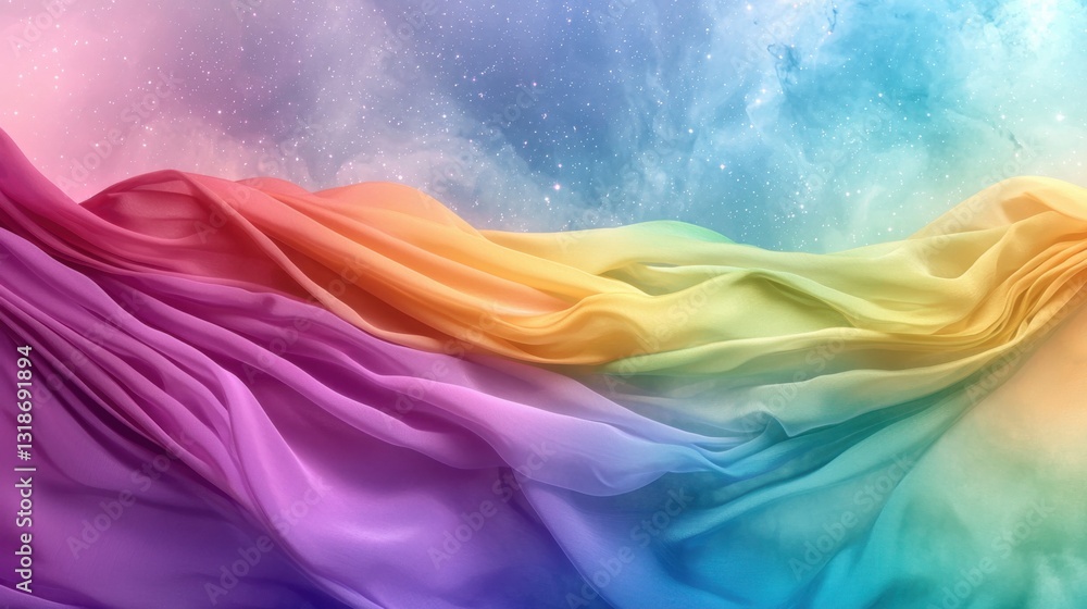 Poster a wave of rainbow fabric flows across a dreamy sky filled with stars and nebulas, creating an abstra