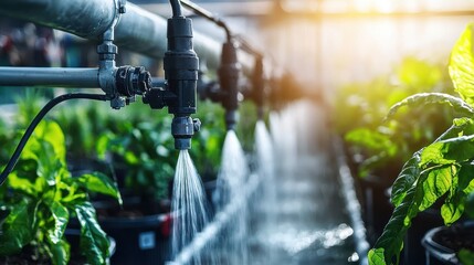 Close-Up Shot of Dripping Water from Garden Irrigation System in a Greenhouse with Lush Green Plants